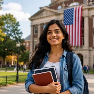International student on a USA university campus holding books with an American flag representing studying in the USA and student visa guidance