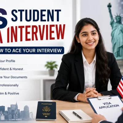 US student visa interview tips showing a student attending a US F-1 visa interview with a visa officer