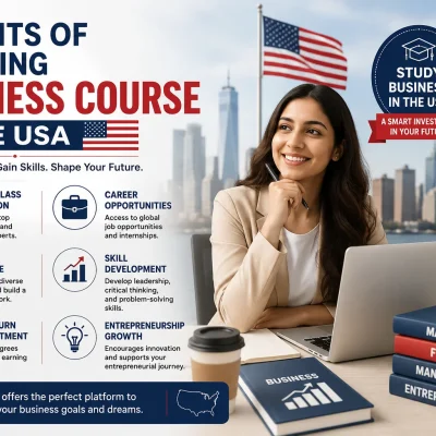 Benefits of Studying Business Course in the USA featuring business student, career opportunities, world-class education, and global business skills.