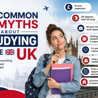 8 Common Myths About Studying in the UK – Student with London landmarks and UK study myths infographic