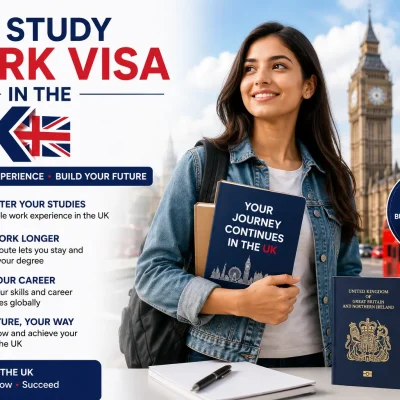 Student with UK post study work visa concept in front of London landmarks representing career opportunities after graduation