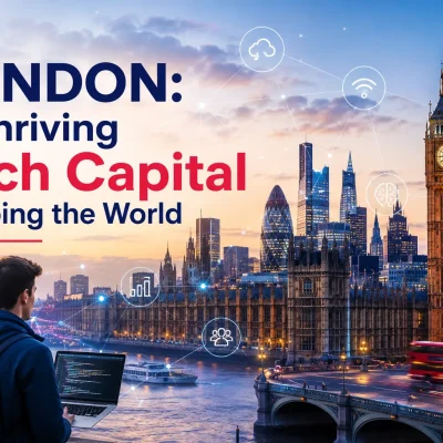 London: A Thriving Tech Capital Shaping the World – London skyline with Big Ben, modern skyscrapers, and digital technology concept