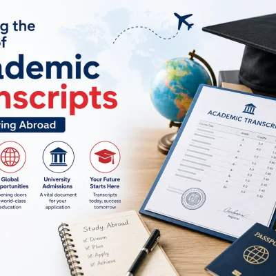 Exploring the World of Academic Transcripts for Studying Abroad infographic featuring an academic transcript, graduation cap, passport, globe, and university admission documents.