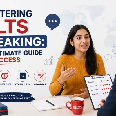 Student practicing IELTS Speaking with an examiner during an interview for the ultimate guide to IELTS Speaking success.