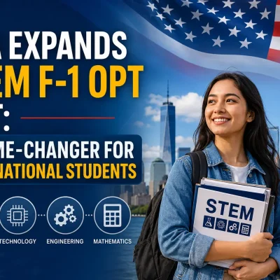 USA Expands STEM F-1 OPT List: A Game-Changer for International Students featuring the Statue of Liberty and a student holding STEM books.
