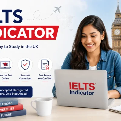 IELTS Indicator online English proficiency test for UK universities with student taking the exam remotely and London landmarks in the background.