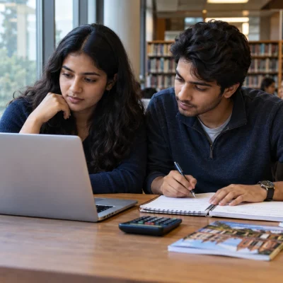Two Indian students researching study-abroad options with a laptop, notebook and calculator in a library